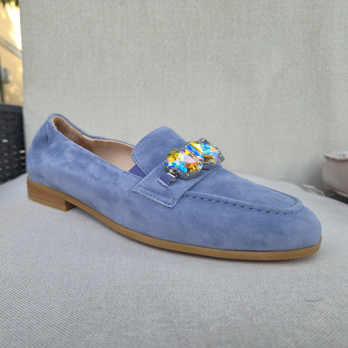 Vernissage Gaia mocassino camoscio azzurro, tre quarti