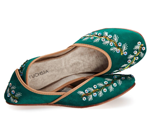 Emerald velvet leather ballerinas embroidered by hand